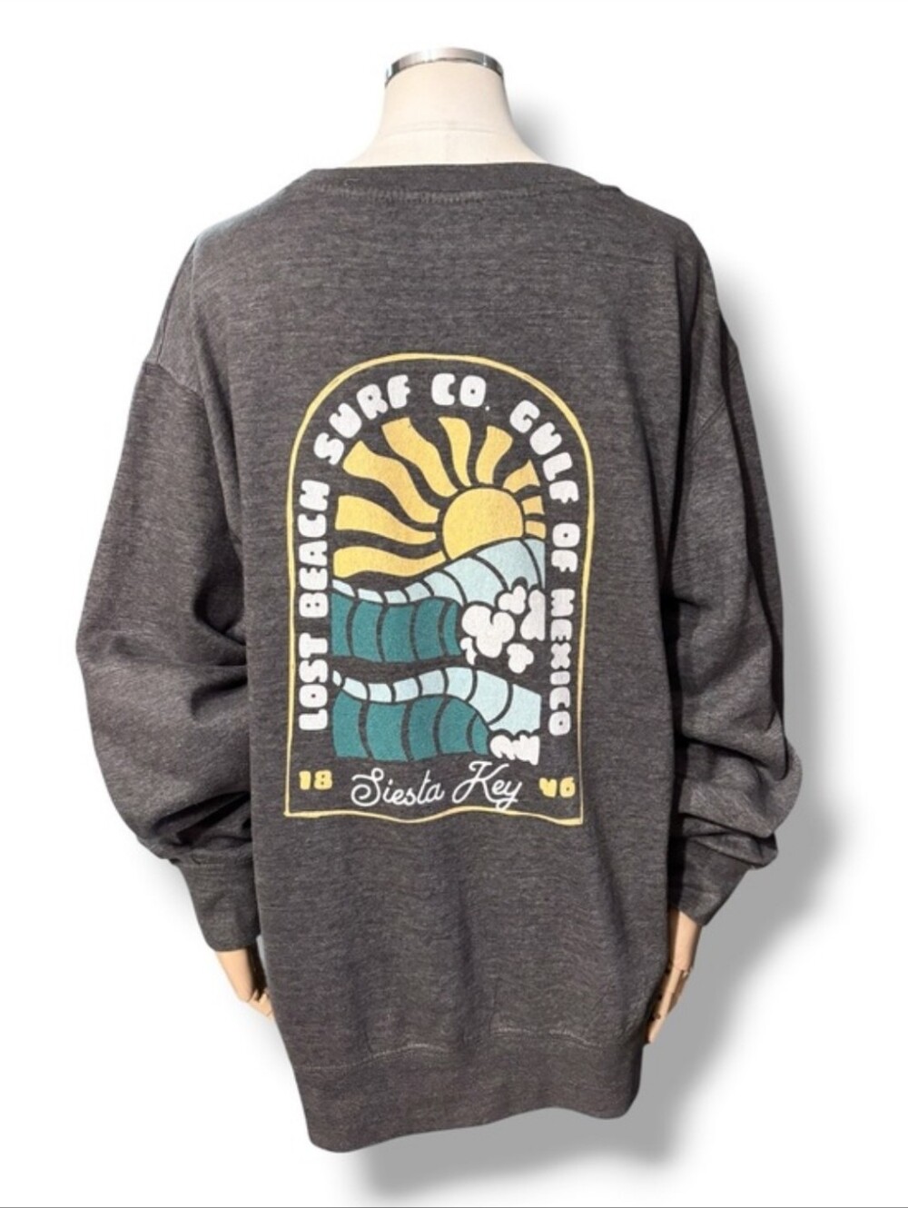 MV SPORT Grey Crew Sweatshirt Lost Beach Surf Co. Siesta Key Graphic Size XL